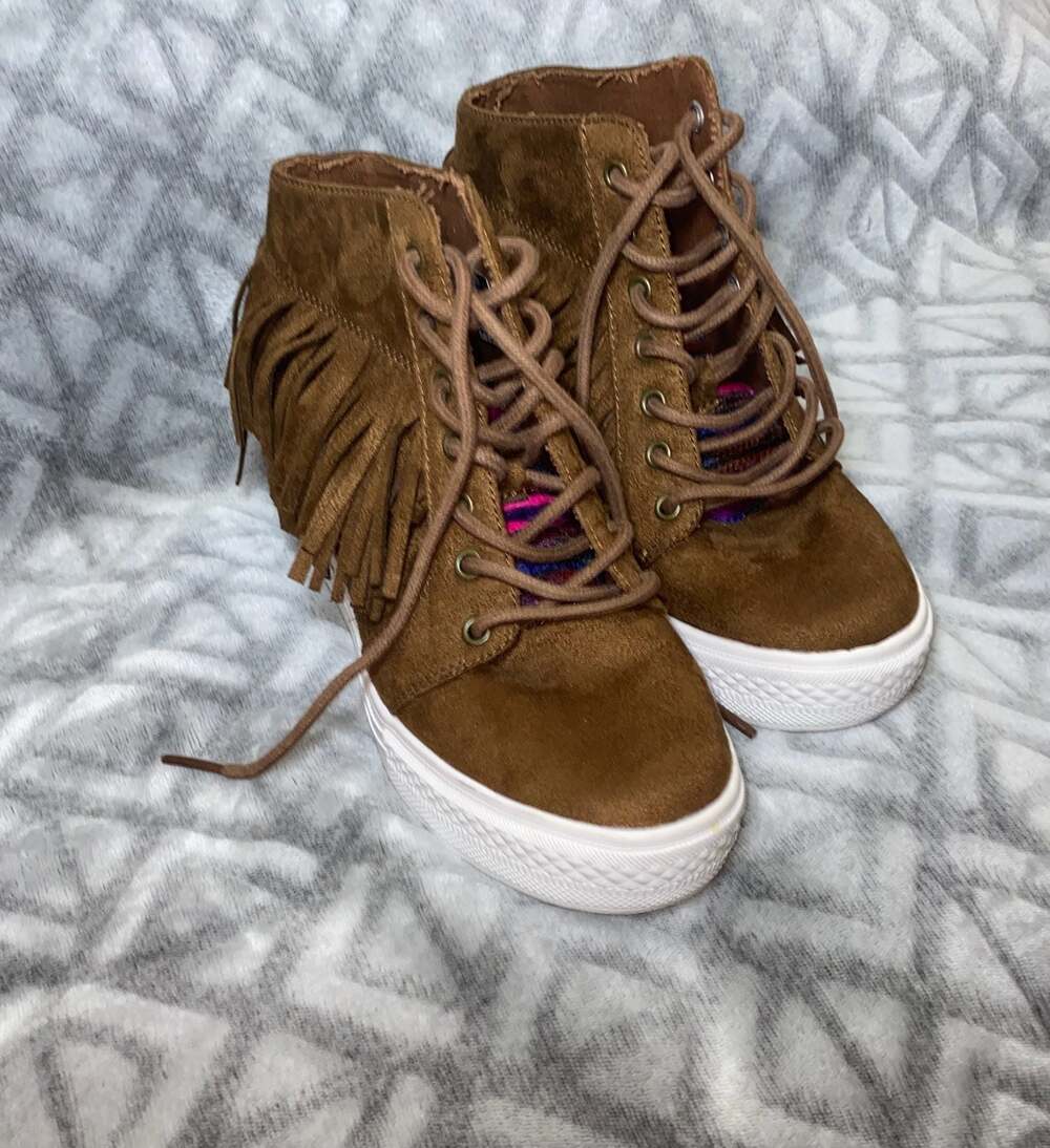 Not Rated Nick Brown Micro Suede Fringe Hidden Wedge Sneaker - Picture 2 of 7